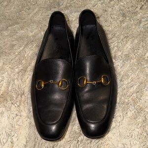 Elegant Black Leather Loafers with Gold Accent